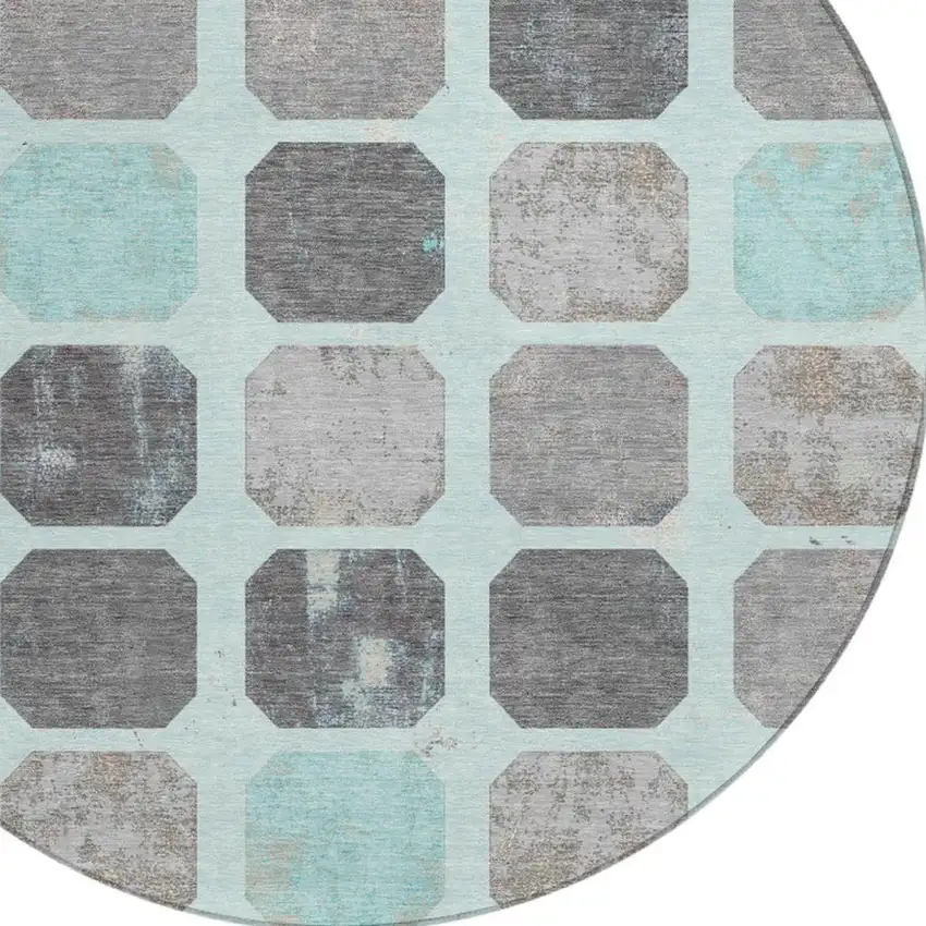 8' Teal Blue Gray And Ivory Round Geometric Washable Indoor Outdoor Area Rug Photo 7