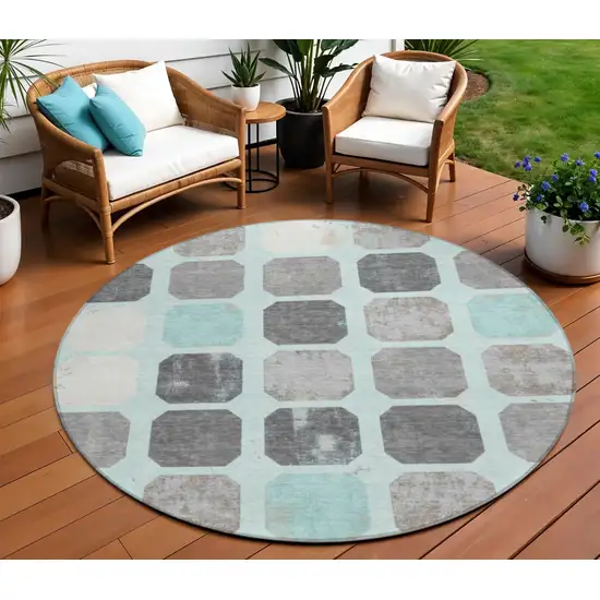 8' Teal Blue Gray And Ivory Round Geometric Washable Indoor Outdoor Area Rug Photo 2