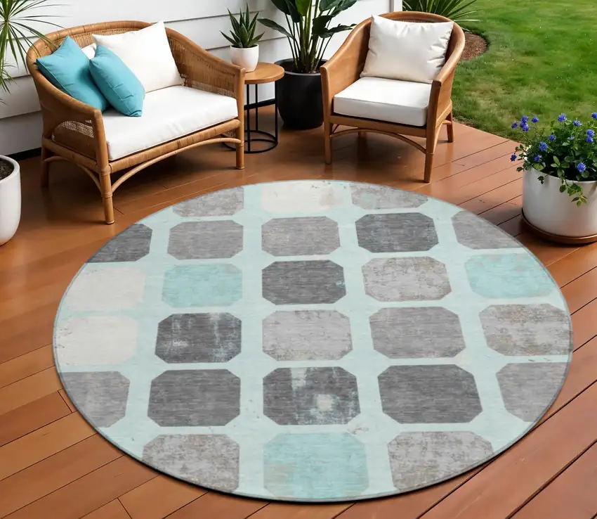 8' Teal Blue Gray And Ivory Round Geometric Washable Indoor Outdoor Area Rug Photo 2