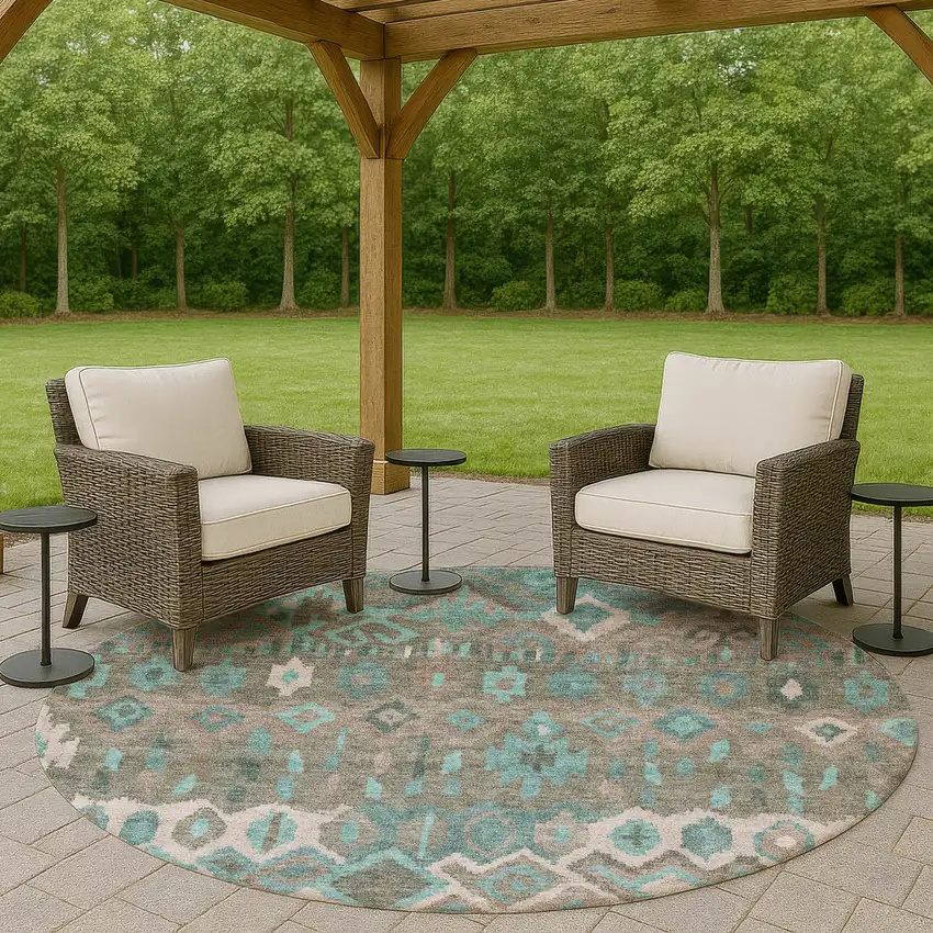8' Teal Blue Gray And Ivory Round Geometric Washable Indoor Outdoor Area Rug Photo 8