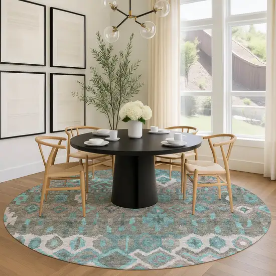 8' Teal Blue Gray And Ivory Round Geometric Washable Indoor Outdoor Area Rug Photo 9
