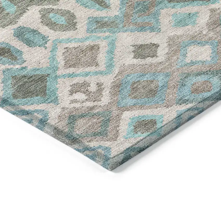 8' Teal Blue Gray And Ivory Round Geometric Washable Indoor Outdoor Area Rug Photo 7