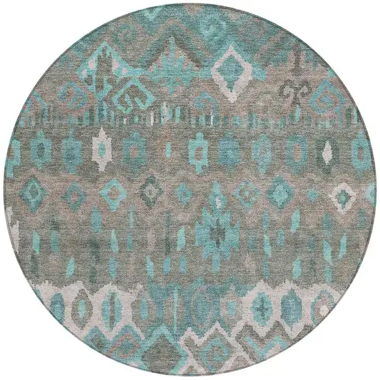 8' Teal Blue Gray And Ivory Round Geometric Washable Indoor Outdoor Area Rug Photo 4