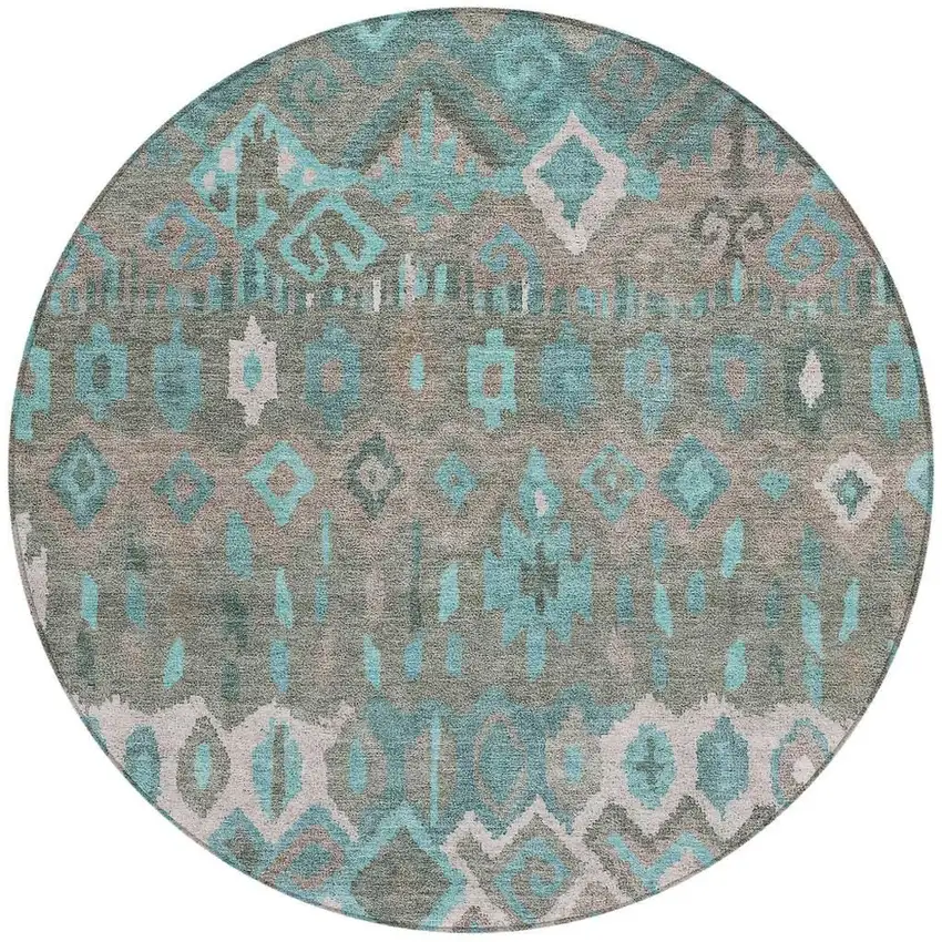 8' Teal Blue Gray And Ivory Round Geometric Washable Indoor Outdoor Area Rug Photo 4