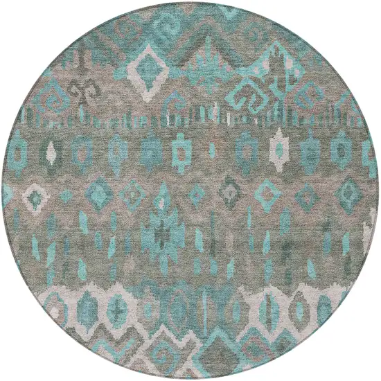 8' Teal Blue Gray And Ivory Round Geometric Washable Indoor Outdoor Area Rug Photo 5
