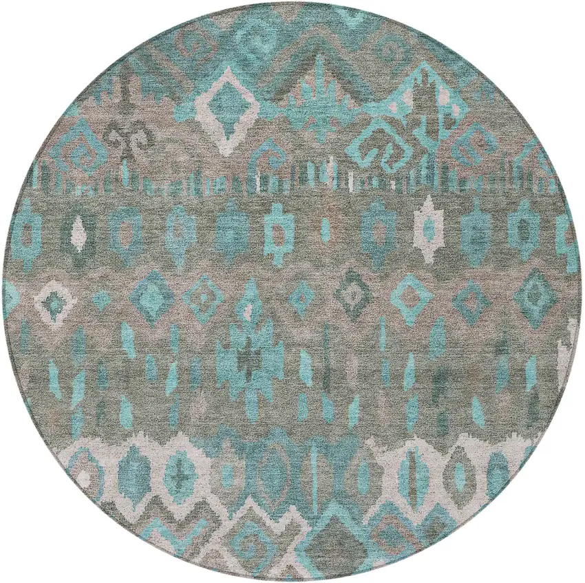 8' Teal Blue Gray And Ivory Round Geometric Washable Indoor Outdoor Area Rug Photo 5