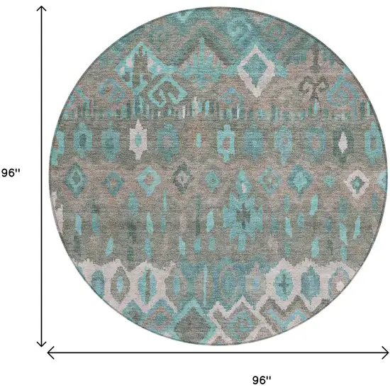 8' Teal Blue Gray And Ivory Round Geometric Washable Indoor Outdoor Area Rug Photo 3