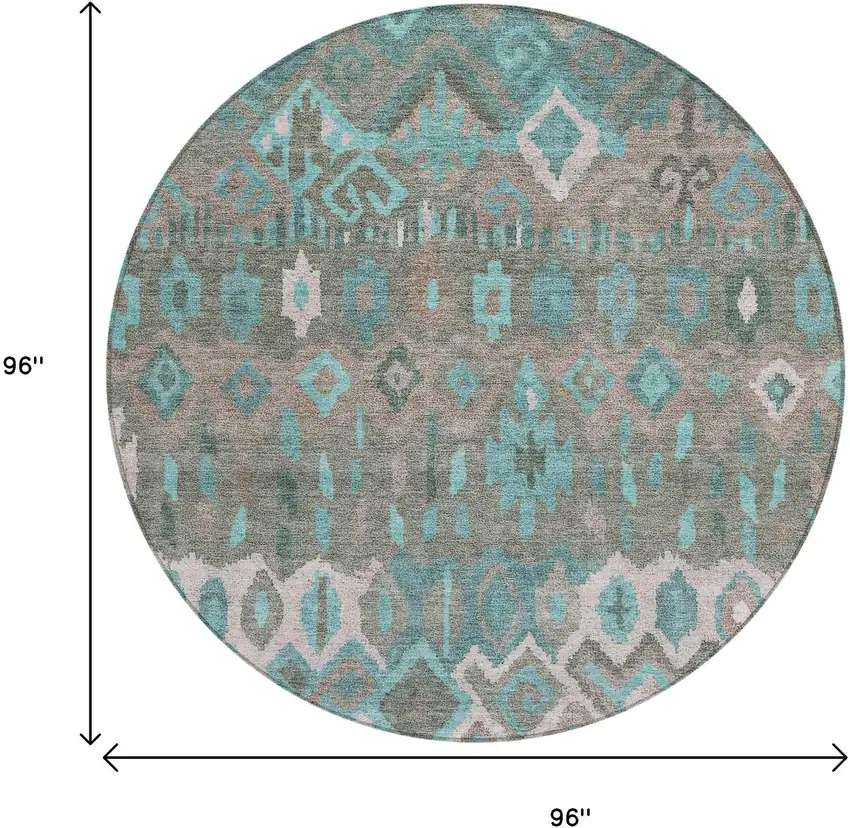 8' Teal Blue Gray And Ivory Round Geometric Washable Indoor Outdoor Area Rug Photo 3