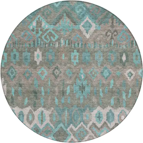 8' Teal Blue Gray And Ivory Round Geometric Washable Indoor Outdoor Area Rug Photo 2