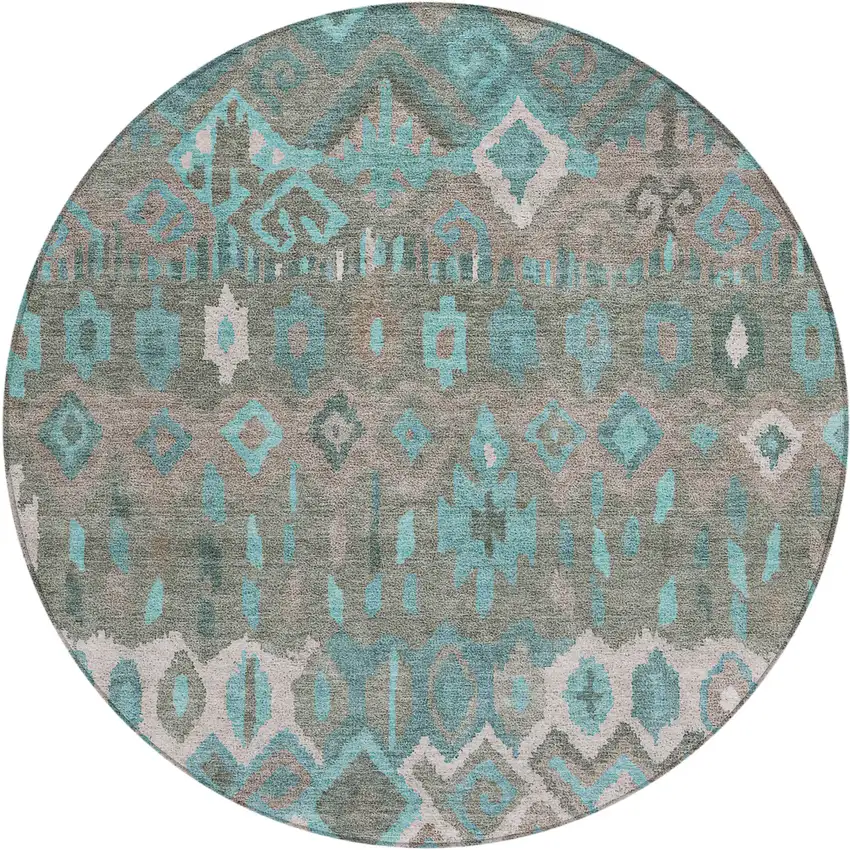 8' Teal Blue Gray And Ivory Round Geometric Washable Indoor Outdoor Area Rug Photo 2