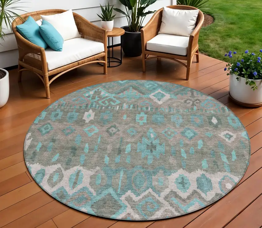 8' Teal Blue Gray And Ivory Round Geometric Washable Indoor Outdoor Area Rug Photo 1