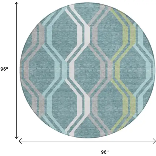 8' Teal Blue Gray And Ivory Round Geometric Washable Indoor Outdoor Area Rug Photo 3