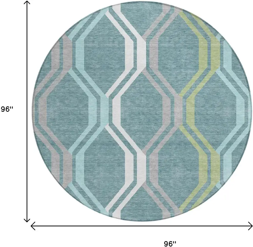 8' Teal Blue Gray And Ivory Round Geometric Washable Indoor Outdoor Area Rug Photo 3