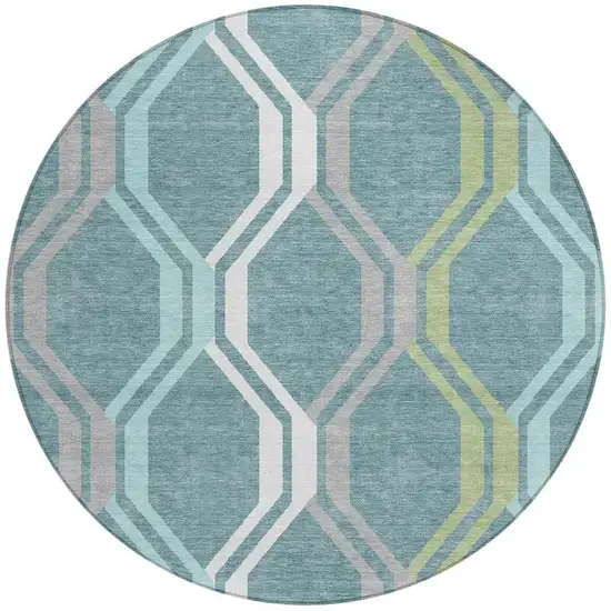 8' Teal Blue Gray And Ivory Round Geometric Washable Indoor Outdoor Area Rug Photo 4