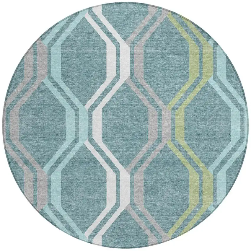 8' Teal Blue Gray And Ivory Round Geometric Washable Indoor Outdoor Area Rug Photo 4