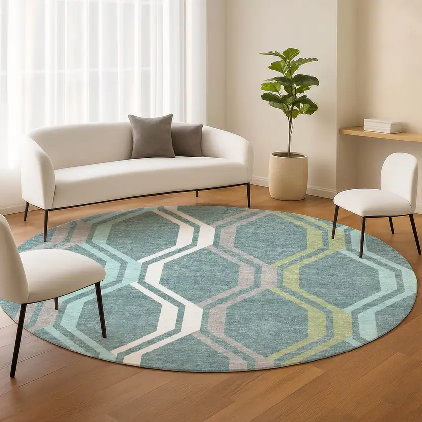 8' Teal Blue Gray And Ivory Round Geometric Washable Indoor Outdoor Area Rug Photo 9