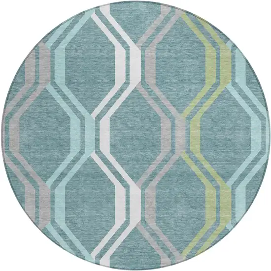 8' Teal Blue Gray And Ivory Round Geometric Washable Indoor Outdoor Area Rug Photo 2