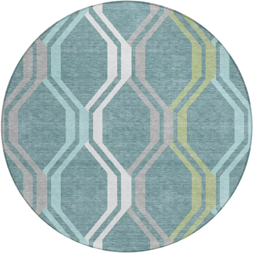 8' Teal Blue Gray And Ivory Round Geometric Washable Indoor Outdoor Area Rug Photo 2