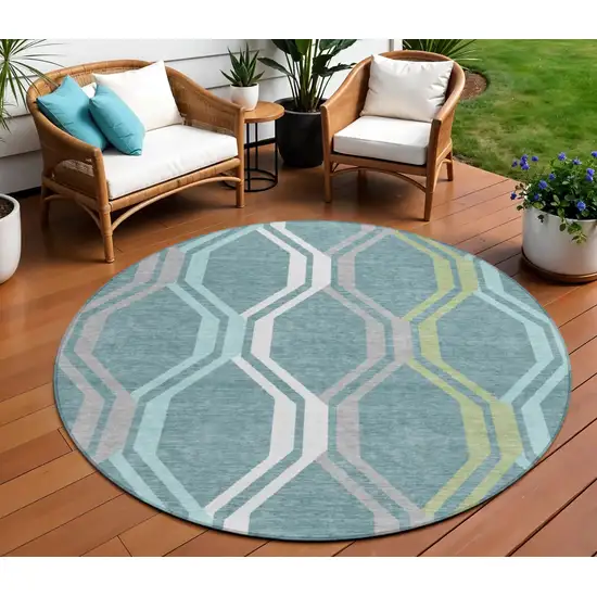 8' Teal Blue Gray And Ivory Round Geometric Washable Indoor Outdoor Area Rug Photo 1