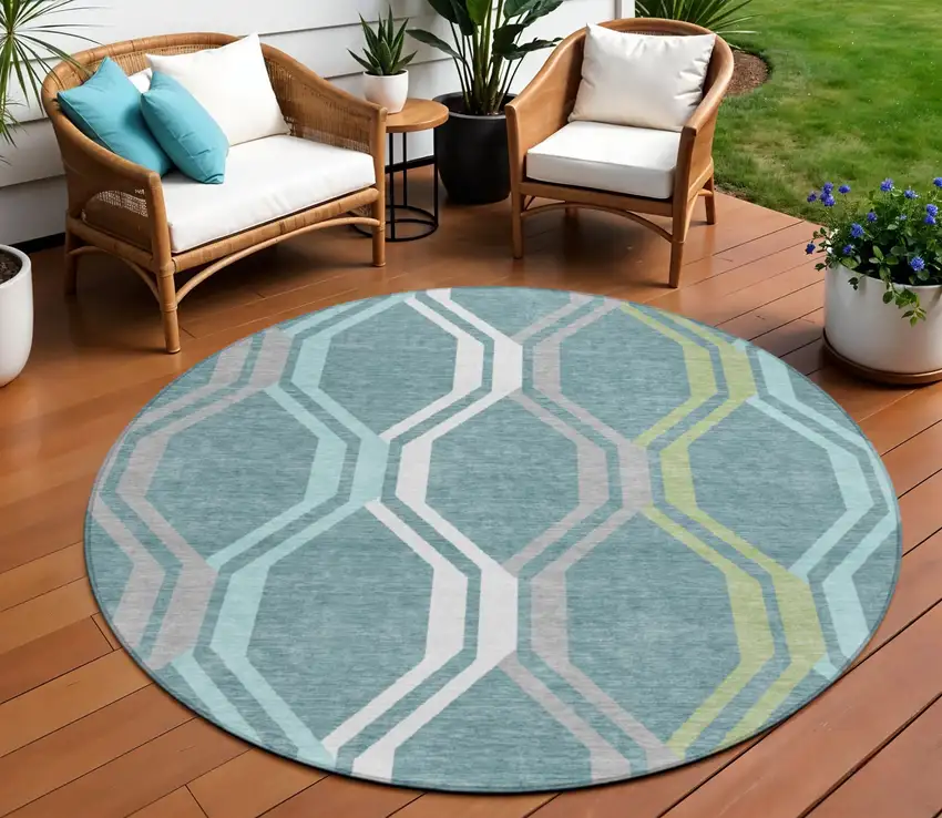 8' Teal Blue Gray And Ivory Round Geometric Washable Indoor Outdoor Area Rug Photo 1