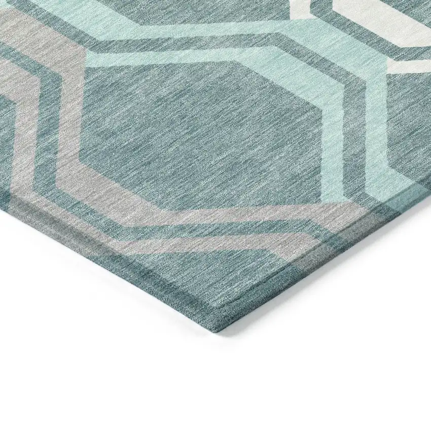 8' Teal Blue Gray And Ivory Round Geometric Washable Indoor Outdoor Area Rug Photo 6