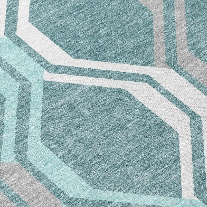 8' Teal Blue Gray And Ivory Round Geometric Washable Indoor Outdoor Area Rug Photo 7