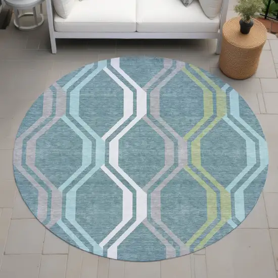 8' Teal Blue Gray And Ivory Round Geometric Washable Indoor Outdoor Area Rug Photo 8