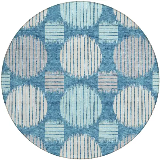 8' Teal Blue Gray And Ivory Round Geometric Washable Indoor Outdoor Area Rug Photo 2