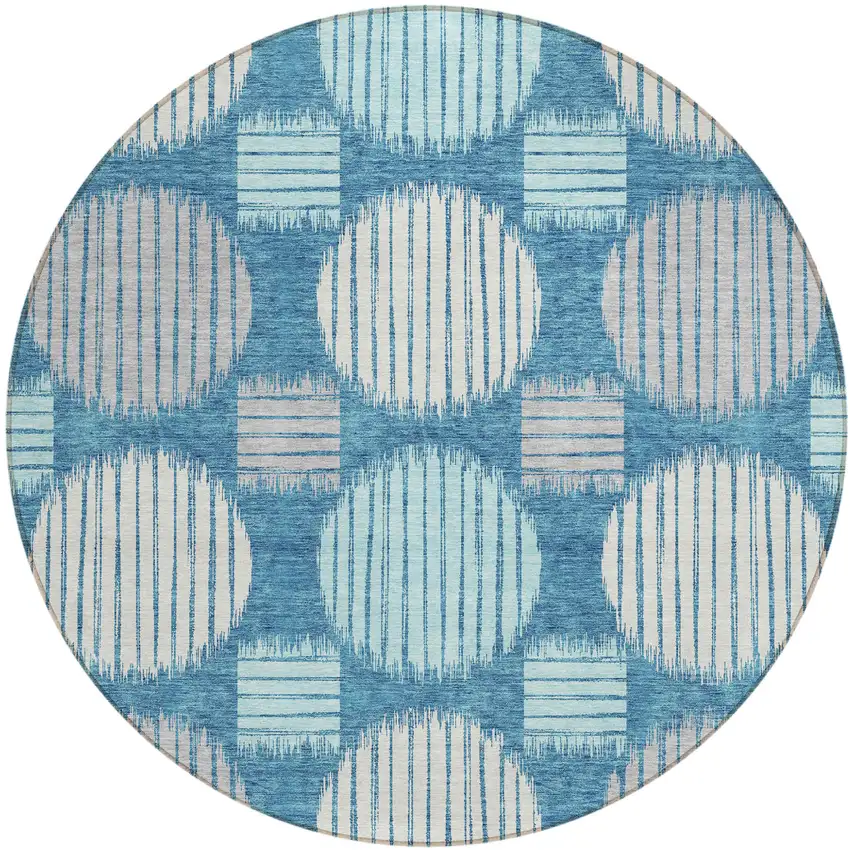 8' Teal Blue Gray And Ivory Round Geometric Washable Indoor Outdoor Area Rug Photo 2