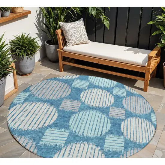 8' Teal Blue Gray And Ivory Round Geometric Washable Indoor Outdoor Area Rug Photo 1