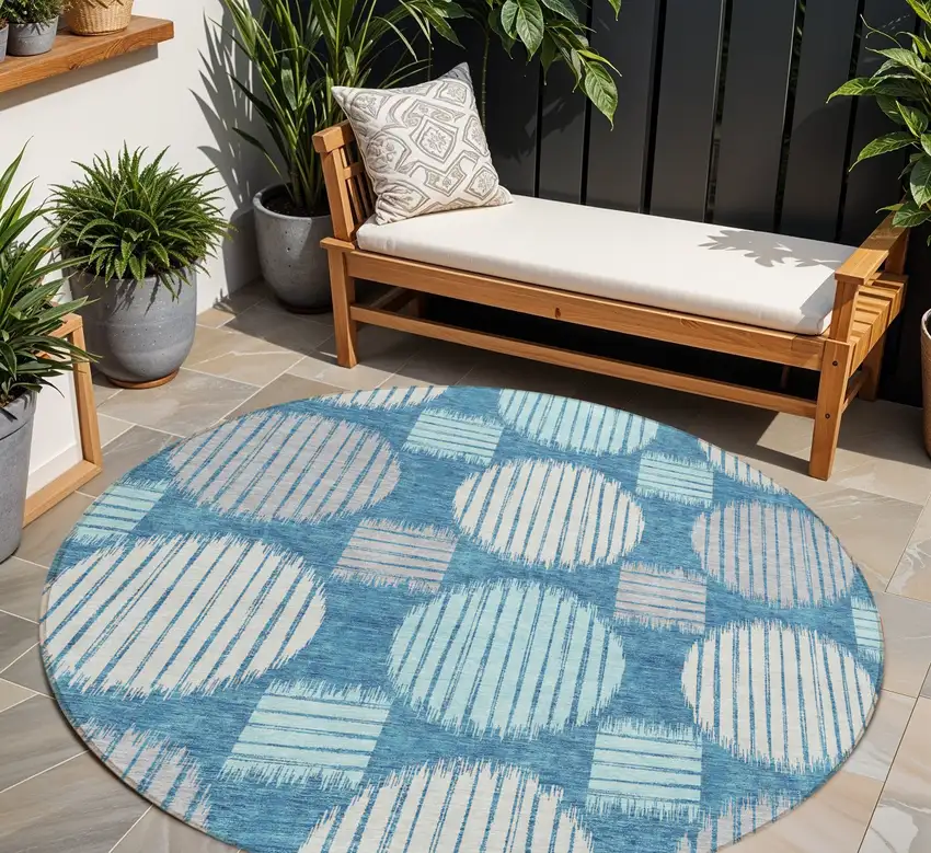 8' Teal Blue Gray And Ivory Round Geometric Washable Indoor Outdoor Area Rug Photo 1