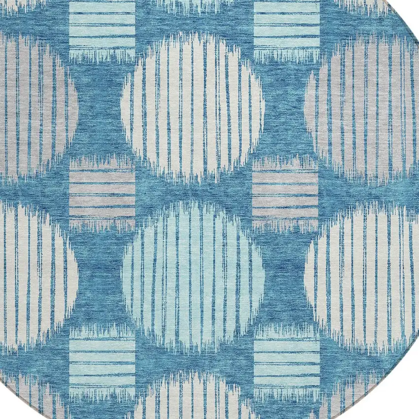 8' Teal Blue Gray And Ivory Round Geometric Washable Indoor Outdoor Area Rug Photo 4