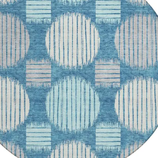 8' Teal Blue Gray And Ivory Round Geometric Washable Indoor Outdoor Area Rug Photo 4