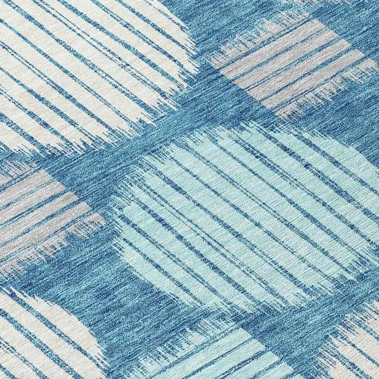 8' Teal Blue Gray And Ivory Round Geometric Washable Indoor Outdoor Area Rug Photo 5