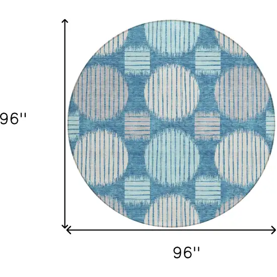 8' Teal Blue Gray And Ivory Round Geometric Washable Indoor Outdoor Area Rug Photo 3