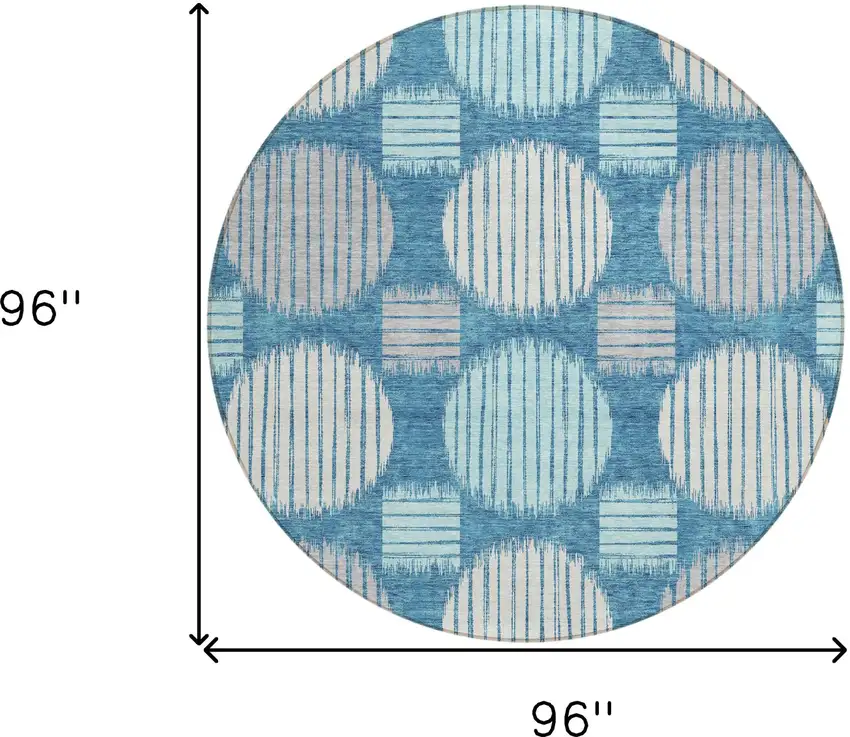 8' Teal Blue Gray And Ivory Round Geometric Washable Indoor Outdoor Area Rug Photo 3