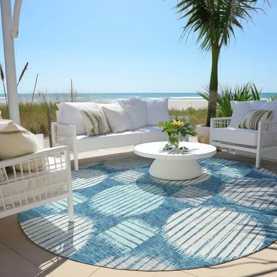 8' Teal Blue Gray And Ivory Round Geometric Washable Indoor Outdoor Area Rug Photo 7