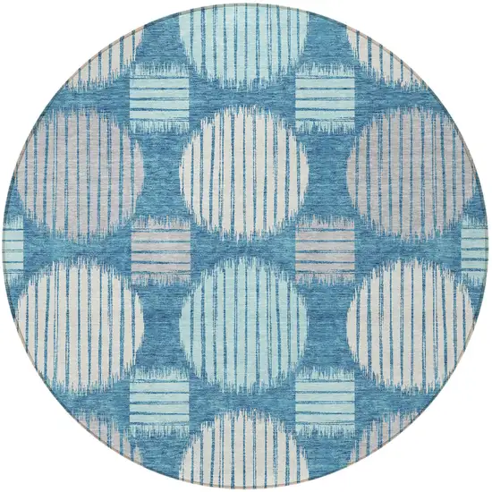 8' Teal Blue Gray And Ivory Round Geometric Washable Indoor Outdoor Area Rug Photo 6