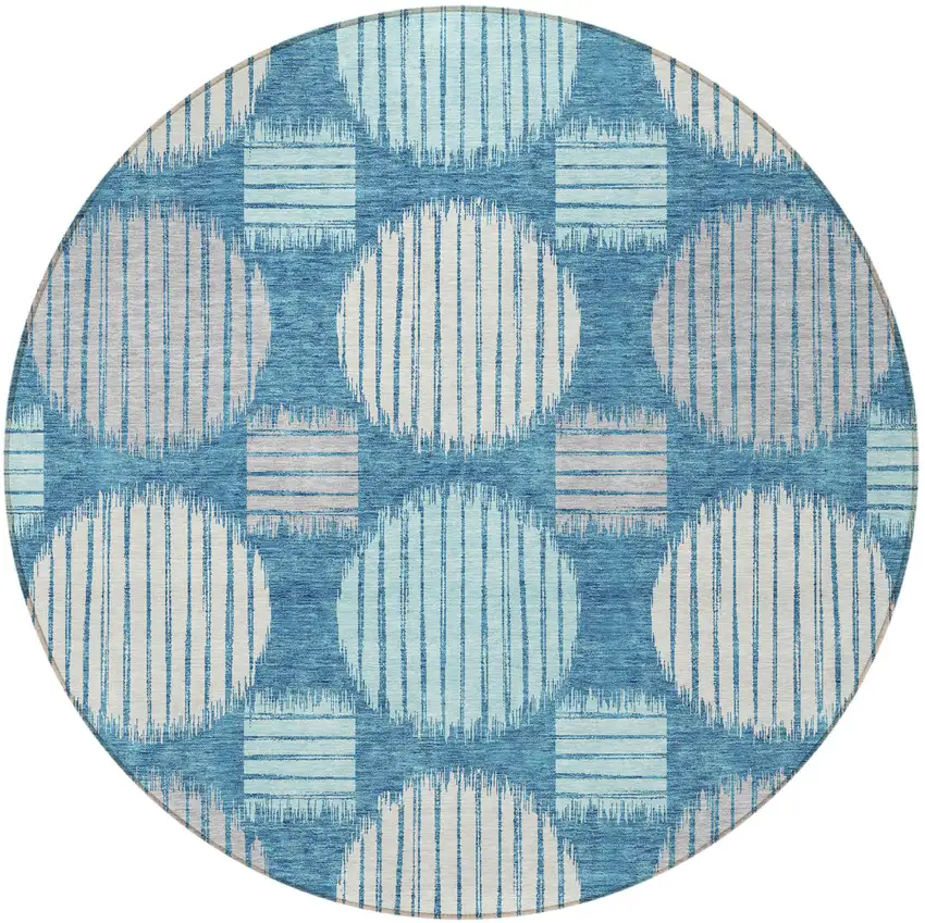 8' Teal Blue Gray And Ivory Round Geometric Washable Indoor Outdoor Area Rug Photo 6