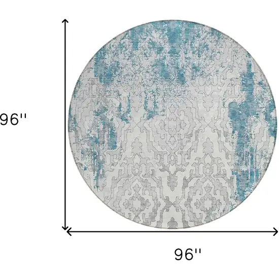 8' Teal Blue Gray And Ivory Round Medallion Washable Indoor Outdoor Area Rug Photo 3