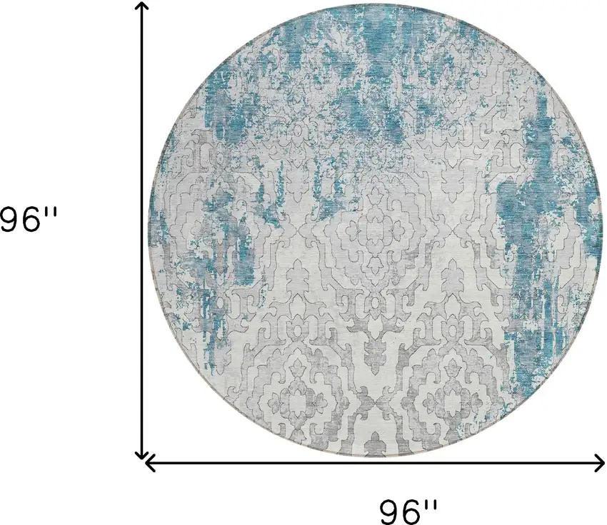 8' Teal Blue Gray And Ivory Round Medallion Washable Indoor Outdoor Area Rug Photo 3