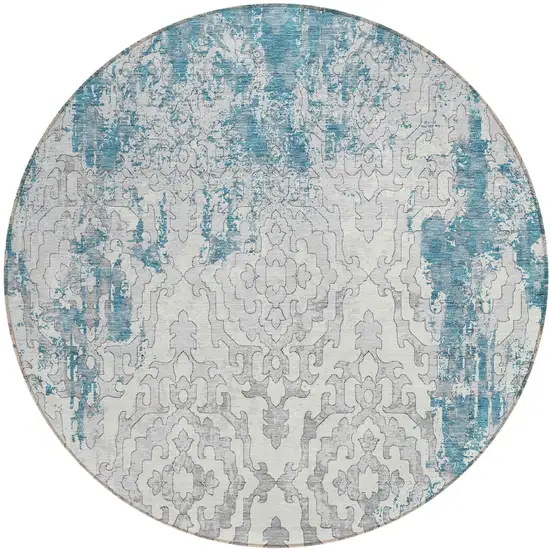 8' Teal Blue Gray And Ivory Round Medallion Washable Indoor Outdoor Area Rug Photo 2