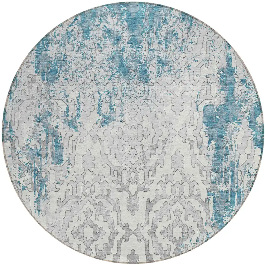 8' Teal Blue Gray And Ivory Round Medallion Washable Indoor Outdoor Area Rug Photo 2