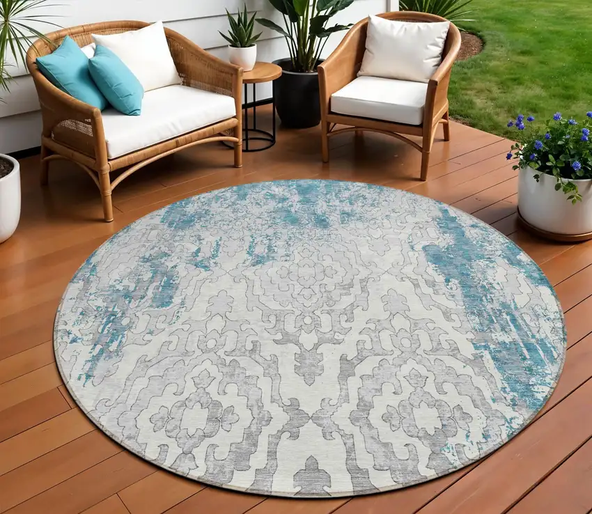 8' Teal Blue Gray And Ivory Round Medallion Washable Indoor Outdoor Area Rug Photo 1