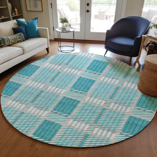8' Teal Blue Gray And Ivory Round Plaid Washable Indoor Outdoor Area Rug Photo 8