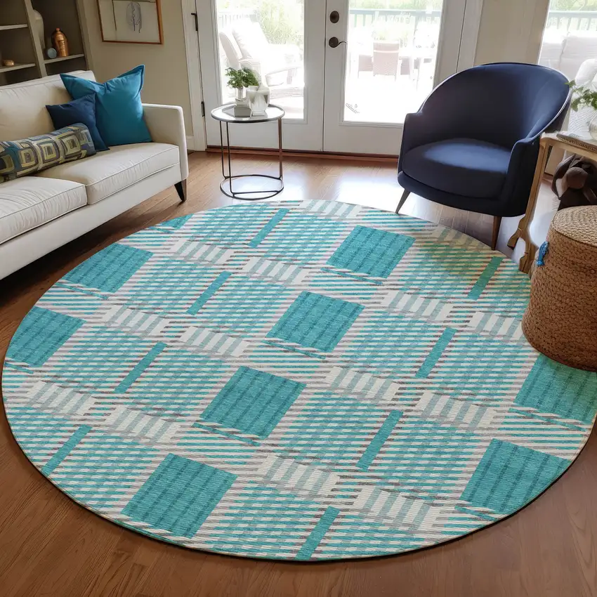 8' Teal Blue Gray And Ivory Round Plaid Washable Indoor Outdoor Area Rug Photo 8