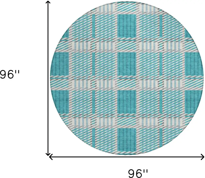 8' Teal Blue Gray And Ivory Round Plaid Washable Indoor Outdoor Area Rug Photo 3
