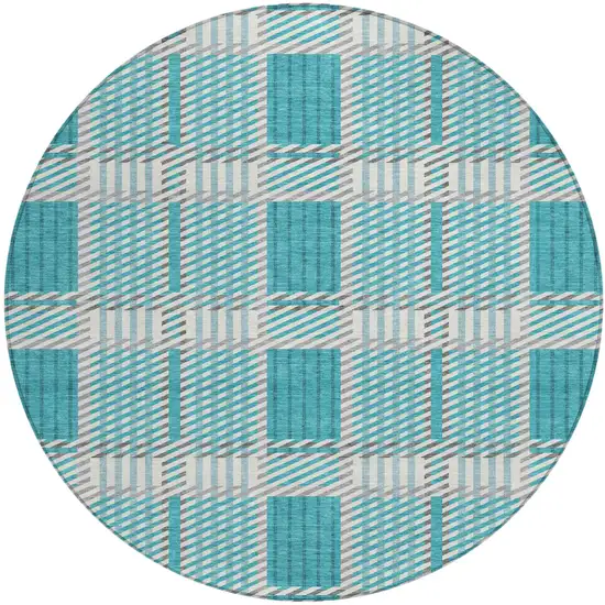 8' Teal Blue Gray And Ivory Round Plaid Washable Indoor Outdoor Area Rug Photo 2