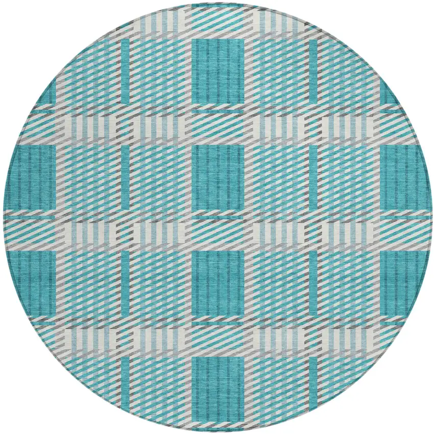 8' Teal Blue Gray And Ivory Round Plaid Washable Indoor Outdoor Area Rug Photo 2