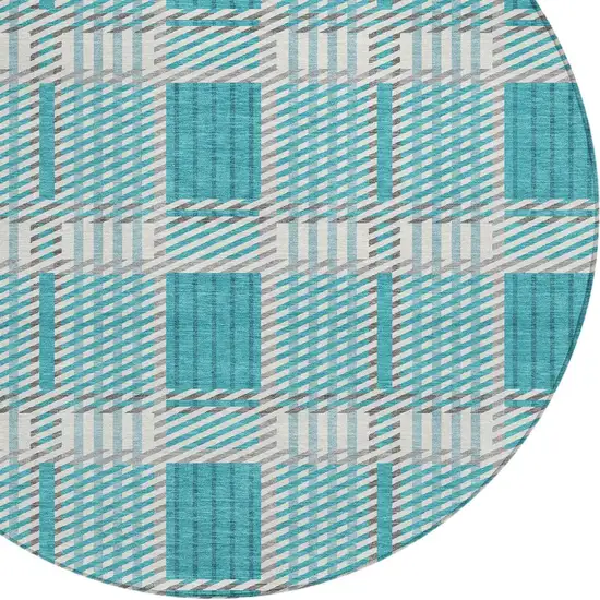 8' Teal Blue Gray And Ivory Round Plaid Washable Indoor Outdoor Area Rug Photo 4